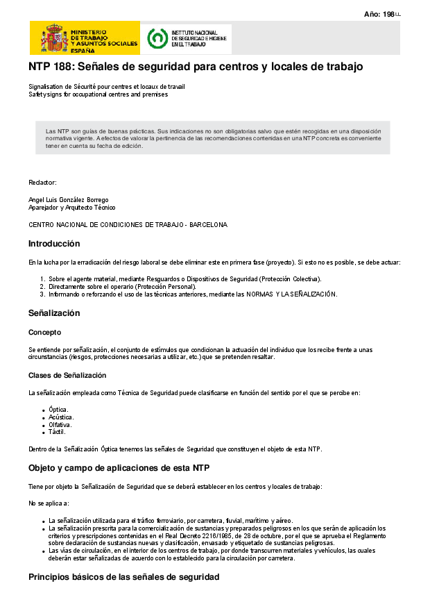 Primera página del documento NTP 188: Señales de seguridad para centros y locales de trabajo
