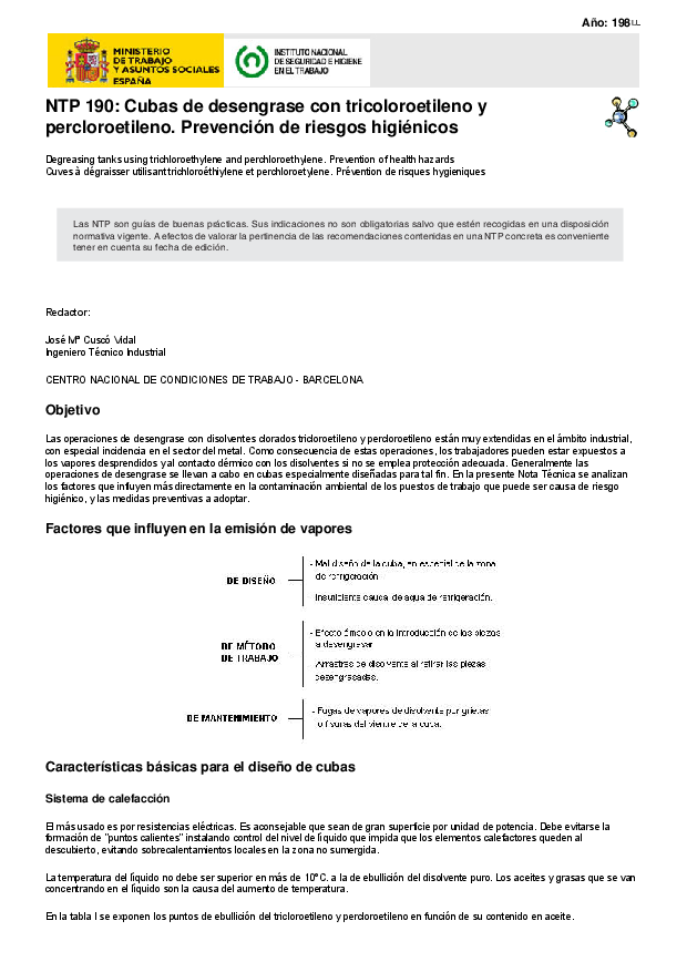 Primera página del documento NTP 190: Cubas de desengrase con tricoloroetileno y percloroetileno. Prevención de riesgos higiénicos