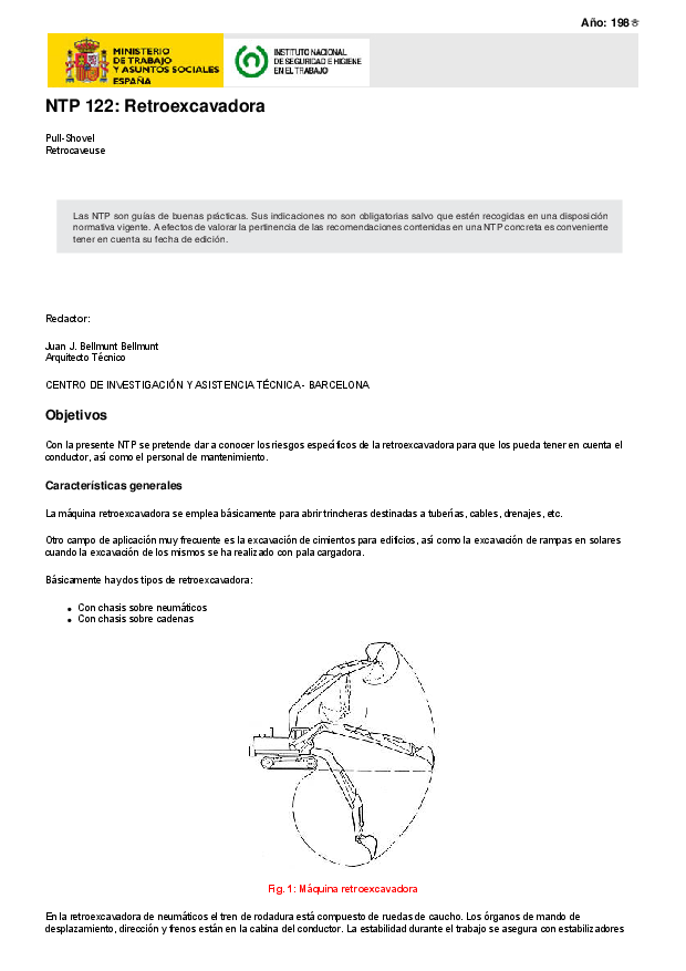 Primera página del documento NTP 122: Retroexcavadora