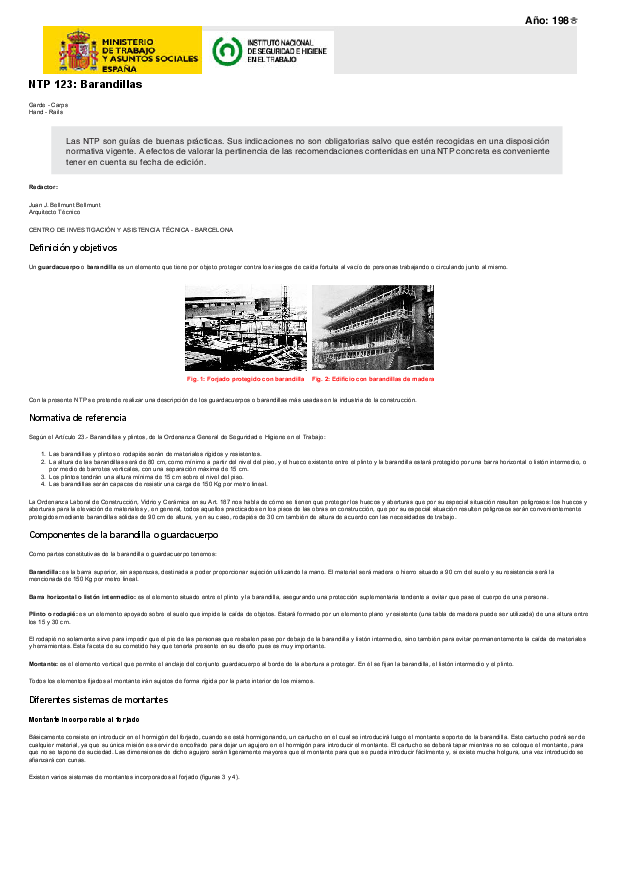 Primera página del documento NTP 123: Barandillas
