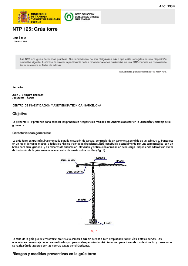 Primera página del documento NTP 125: Grúa torre