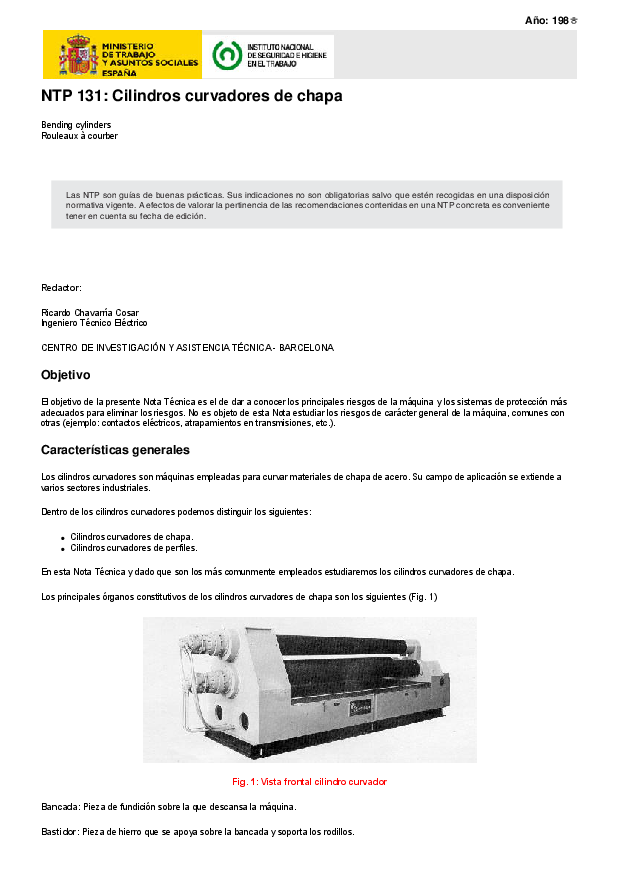 Primera página del documento NTP 131: Cilindros curvadores de chapa
