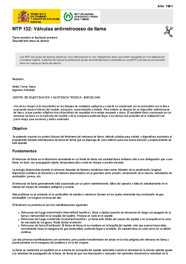 Primera página del documento NTP 132: Válvulas antirretroceso de llama