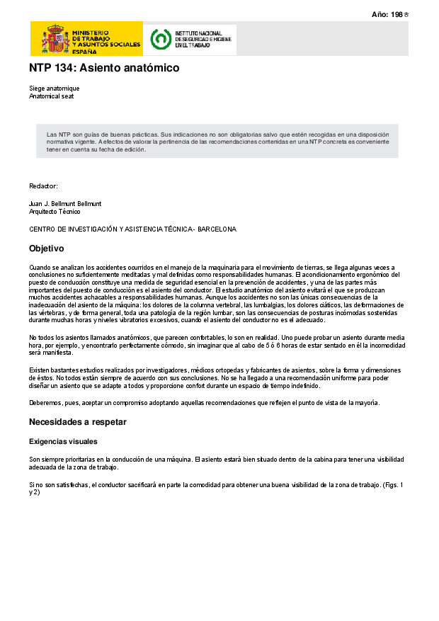 Primera página del documento NTP 134: Asiento anatómico