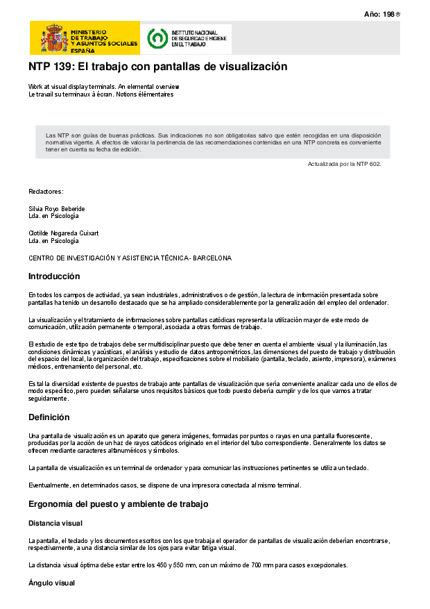 Primera página del documento NTP 139: El trabajo con pantallas de visualización