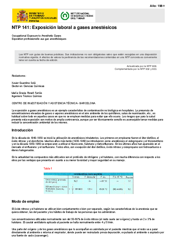 Primera página del documento NTP 141: Exposición laboral a gases anestésicos
