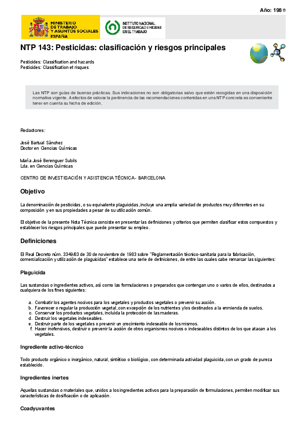 Primera página del documento NTP 143: Pesticidas: clasificación y riesgos principales