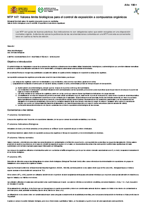 Primera página del documento NTP 147: Valores límite biológicos para el control de exposición a compuestos orgánicos