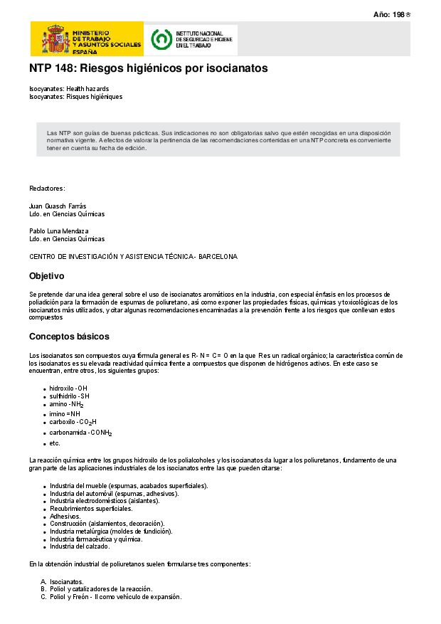 Primera página del documento NTP 148: Riesgos higiénicos por isocianatos