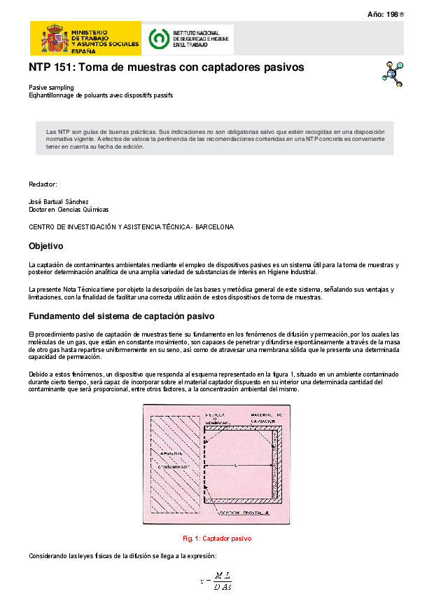 Primera página del documento NTP 151: Toma de muestras con captadores pasivos