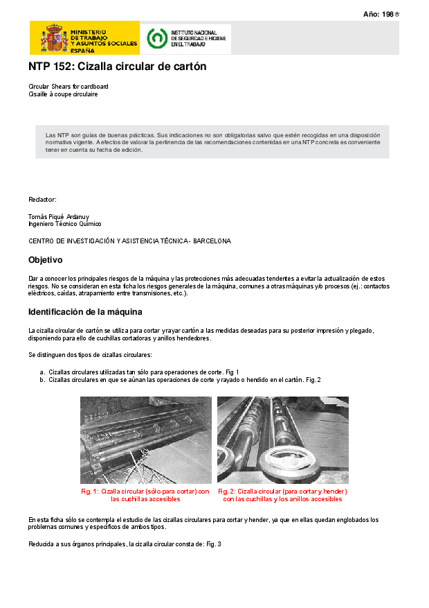 Primera página del documento NTP 152: Cizalla circular de cartón