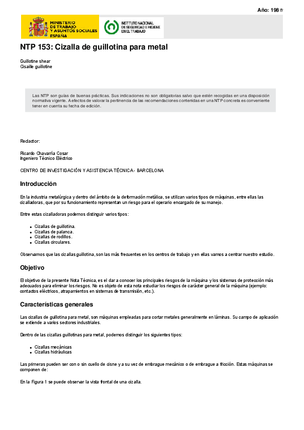 Primera página del documento NTP 153: Cizalla de guillotina para metal