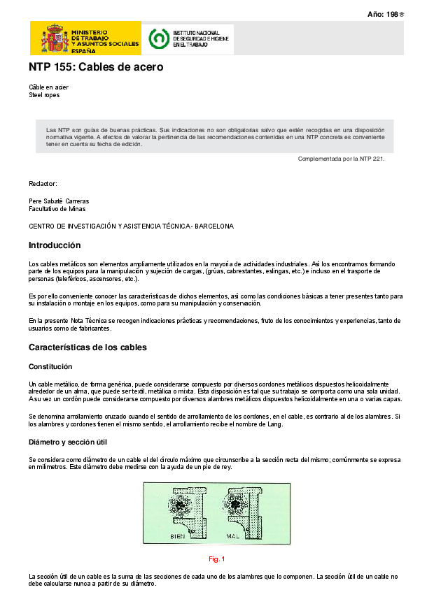 Primera página del documento NTP 155: Cables de acero