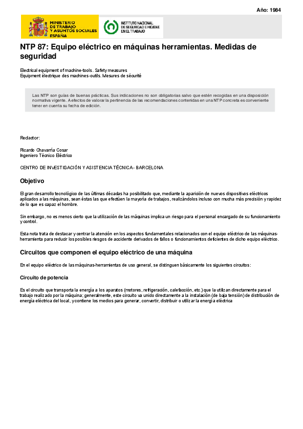 Primera página del documento NTP 87: Equipo eléctrico en máquinas herramientas. Medidas de seguridad