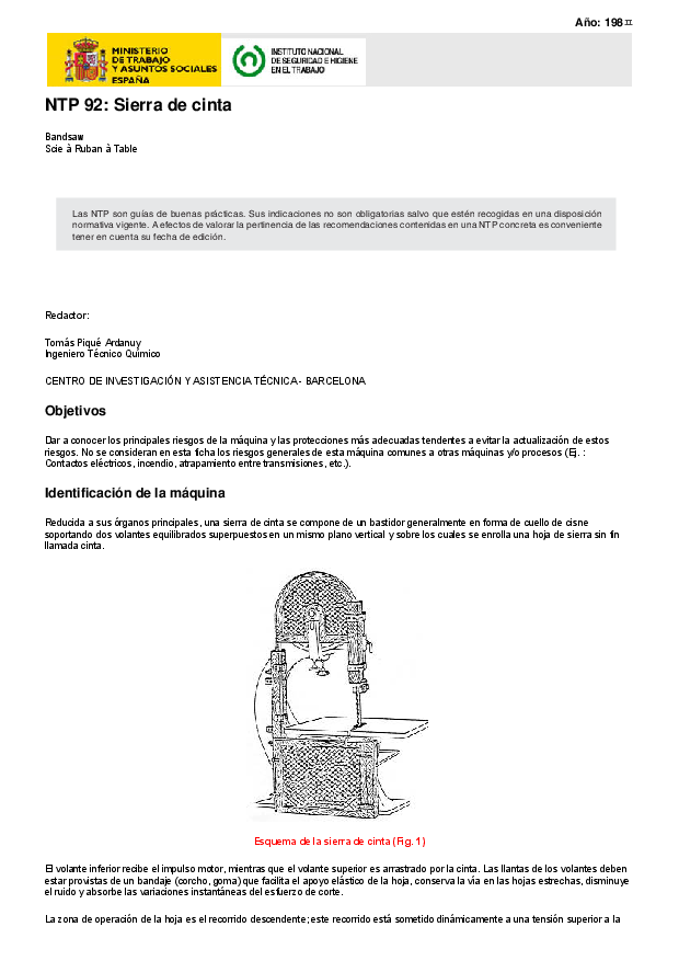 Primera página del documento NTP 92: Sierra de cinta