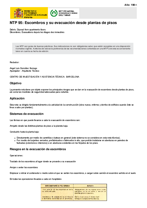 Primera página del documento NTP 95: Escombros y su evacuación desde plantas de pisos