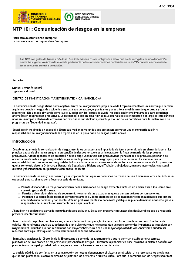 Primera página del documento NTP 101: Comunicación de riesgos en la empresantp_101