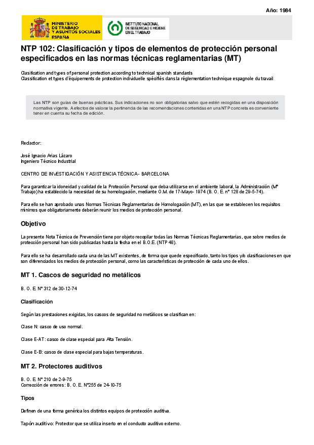 Primera página del documento NTP 102: Clasificación y tipos de elementos de protección personal especificados en las normas técnicas reglamentarias (MT)