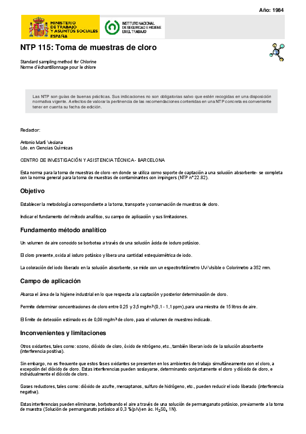 Primera página del documento NTP 115: Toma de muestras de cloro