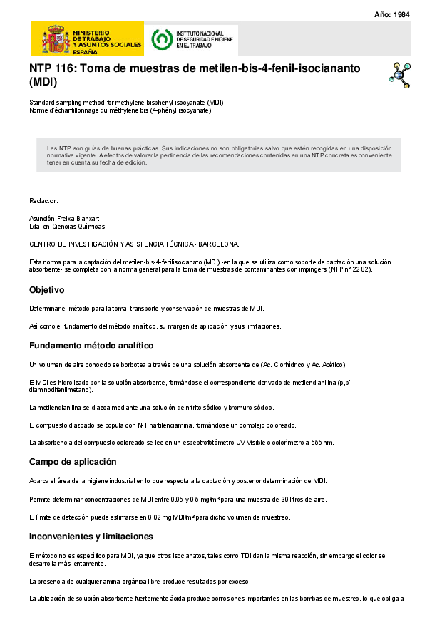 Primera página del documento NTP 116: Toma de muestras de metilen-bis-4-fenil-isociananto (MDI)