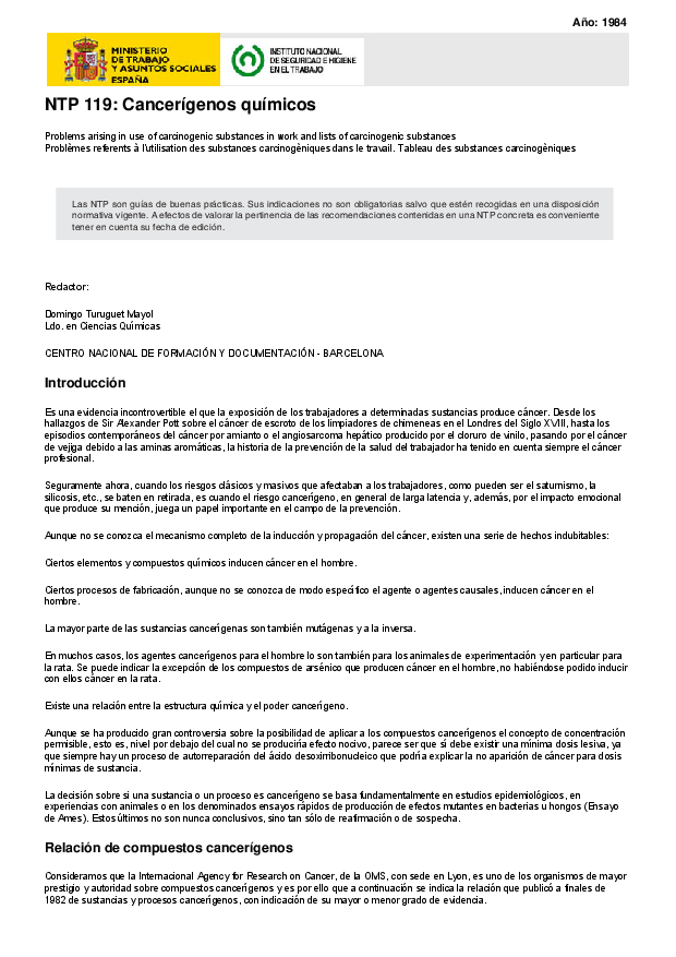Primera página del documento NTP 119: Cancerígenos químicos