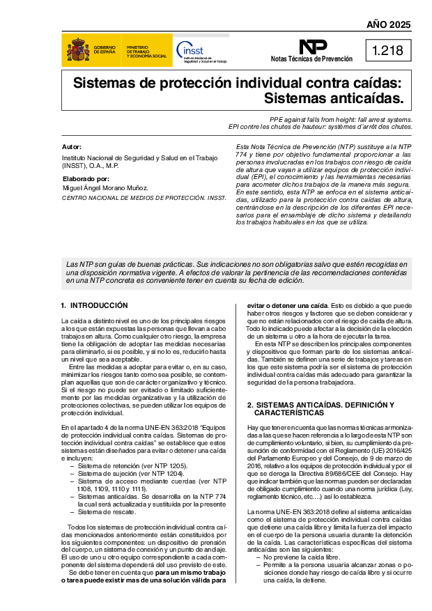 Primera página del documento NTP 1218: Sistemas de protección individual contra caídas: Sistemas anticaídas - Año 2025