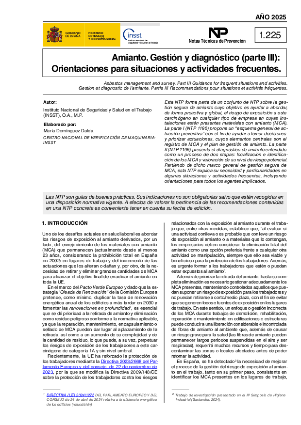 Primera página del documento NTP 1225: Amianto. Gestión y diagnóstico (parte III): Orientaciones para situaciones y actividades frecuentes - Año 2025