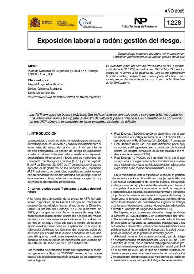 Primera página del documento NTP 1228: Exposición laboral a radón: gestión del riesgo - Año 2025