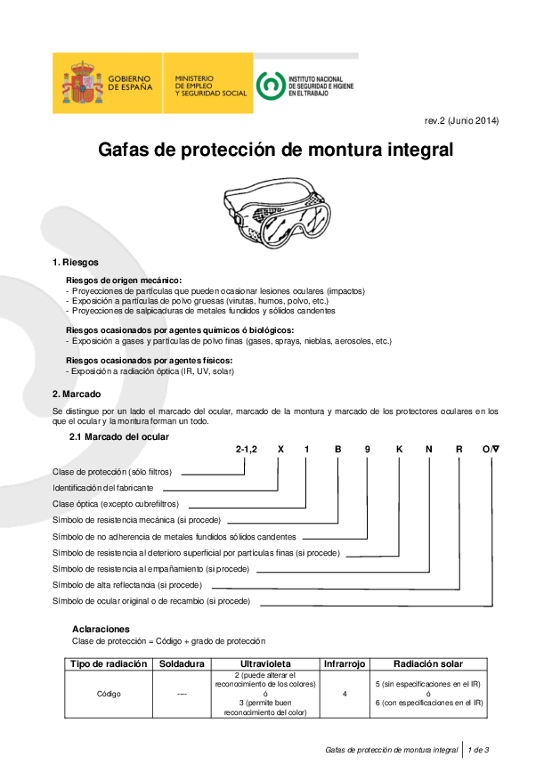 Primera página del documento Gafas de protección de montura integral (rev. 2)