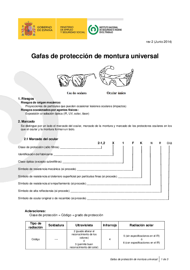 Primera página del documento Gafas de protección de montura universal (rev. 2)