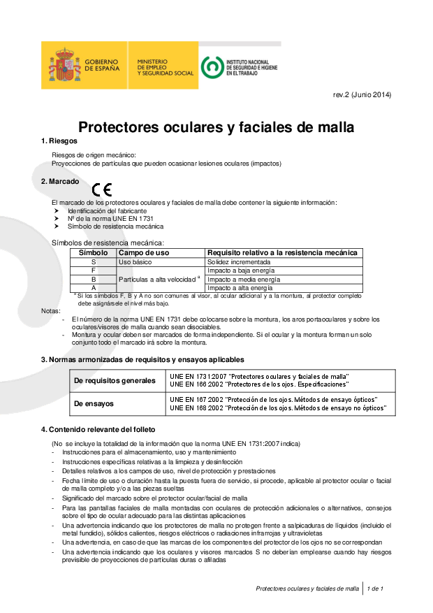 Primera página del documento Protectores oculares y faciales de malla (rev. 2)