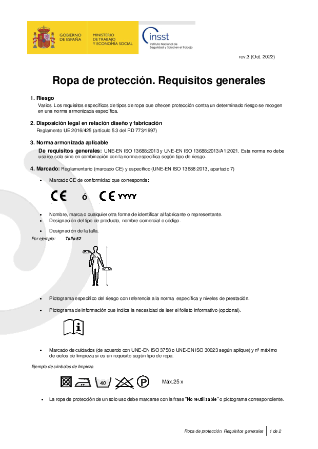 Primera página del documento Ropa de protección. Requisitos generales (rev. 3)