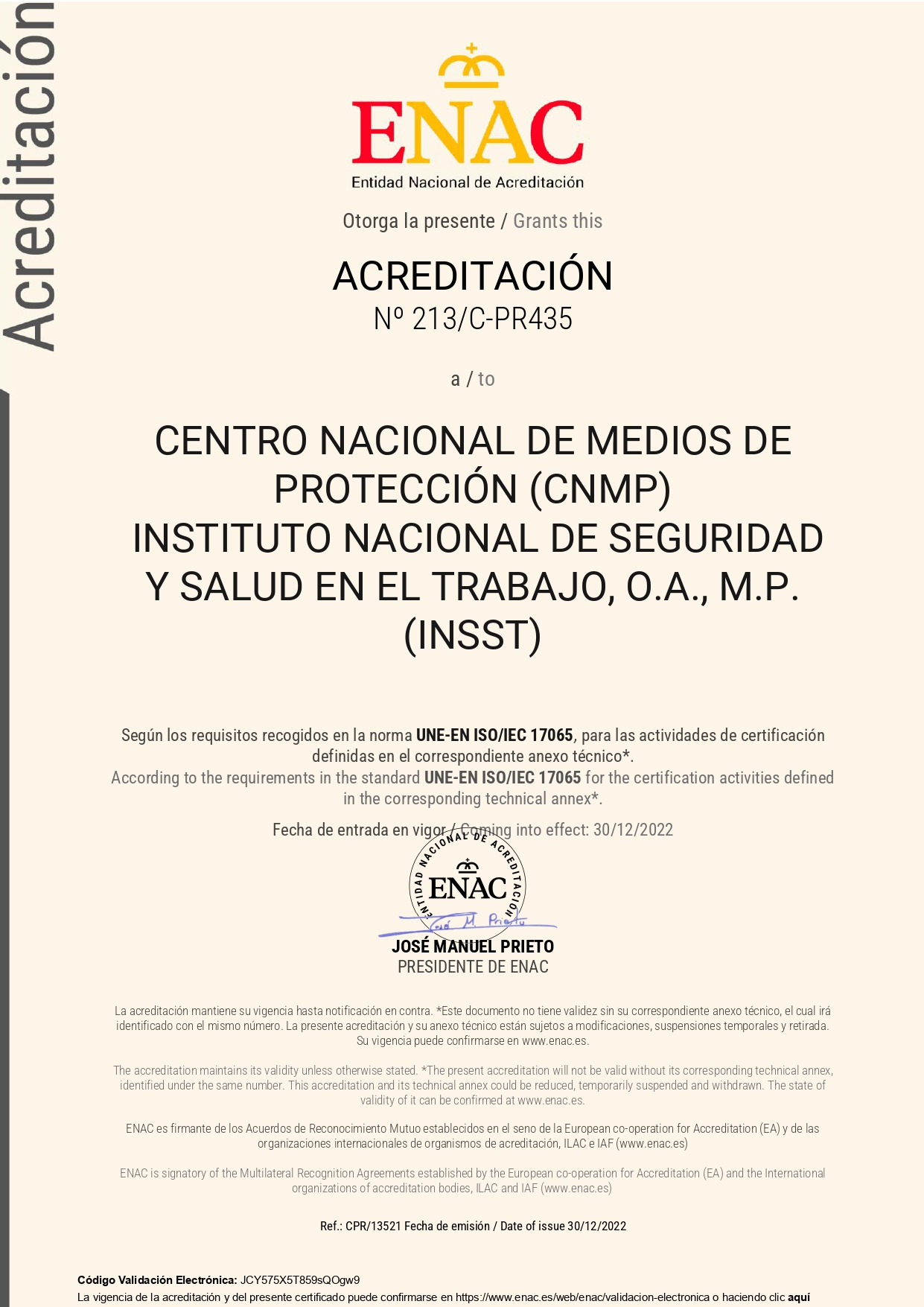 Certificado del centro nacional de metodos de protección del INSST
