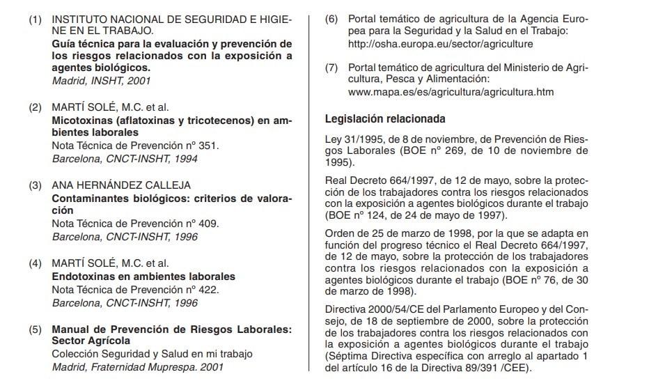 Listado de referencias bibliográficas y legislación relacionada sobre riesgos biológicos en el sector agrícola