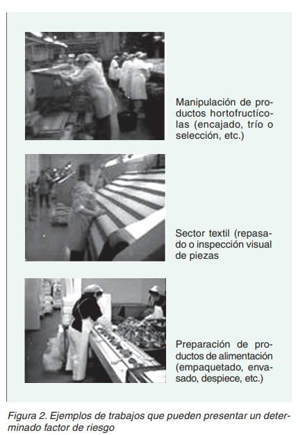 Tres fotografías de trabajos con factor de riesgo: manipulación de productos hortofrutícolas, sector textil y preparación de alimentos.