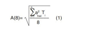 Ecuación 1 del cálculo de A(8) como raíz del sumatorio de a²hwi por Ti dividido entre 8.
