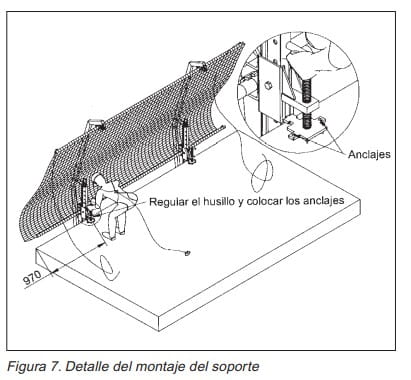 Detalle del montaje del soporte de una red de seguridad: regulación del husillo y colocación de los anclajes.
