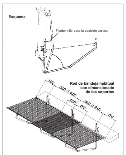 Esquema del fijador para posición vertical y disposición de una red de bandeja con el dimensionado de los soportes.