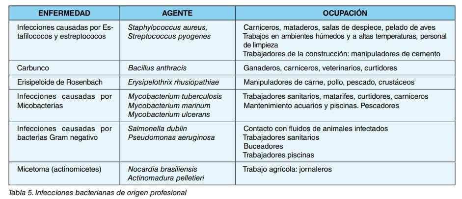 Tabla de infecciones bacterianas de origen profesional con su agente causal y las ocupaciones afectadas.