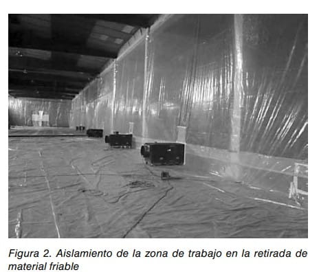 Zona de trabajo confinada con láminas de plástico durante la retirada de material friable con amianto