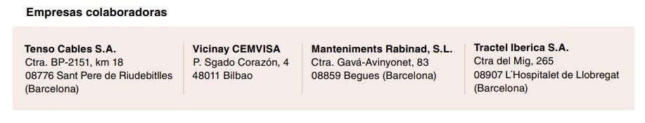Listado de empresas colaboradoras con sus direcciones: Tenso Cables, Vicinay CEMVISA, Maintenimients Rabinad y Tractel Ibérica.