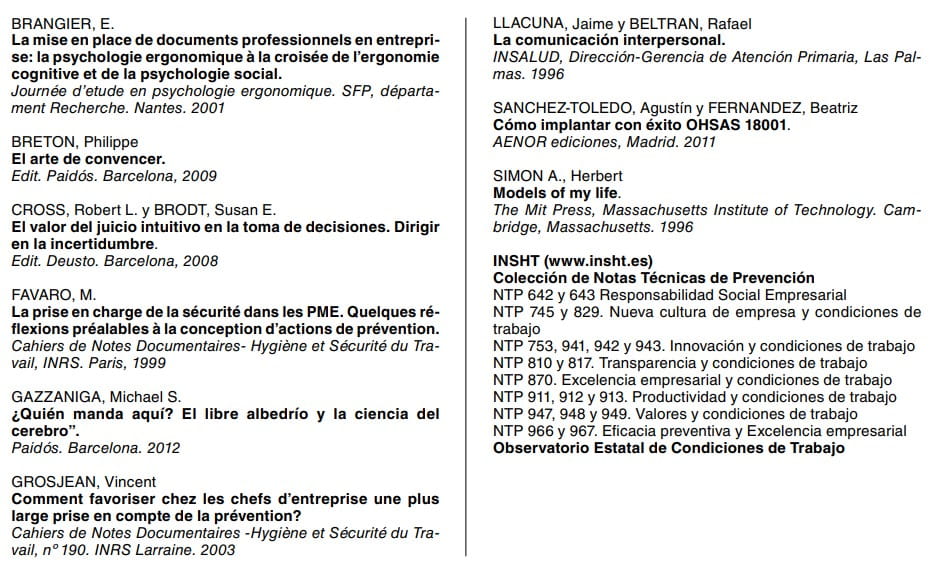 Listado bibliográfico de la NTP con referencias sobre toma de decisiones y prevención