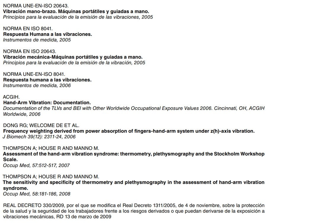 Referencias bibliográficas y normas sobre vibración mano-brazo y respuesta humana a las vibraciones