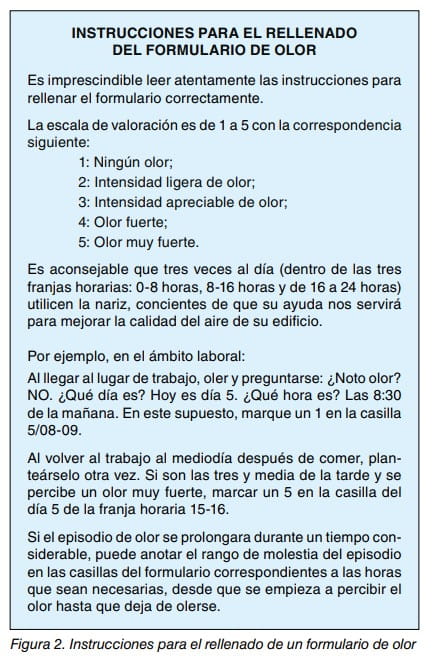 Instrucciones para rellenar un formulario de olor con escala de valoración del 1 al 5.