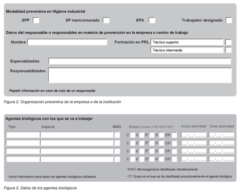 Formularios para registrar la organizacion preventiva y los datos de los agentes biologicos