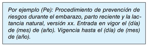 Ejemplo de identificación de un procedimiento de prevención de riesgos durante el embarazo y la lactancia.