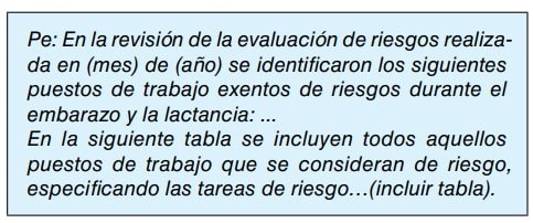 Modelo de texto sobre puestos de trabajo exentos y de riesgo durante el embarazo y la lactancia.