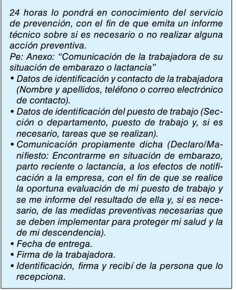 Texto sobre la comunicación de la trabajadora de su situación de embarazo o lactancia y los datos que debe incluir