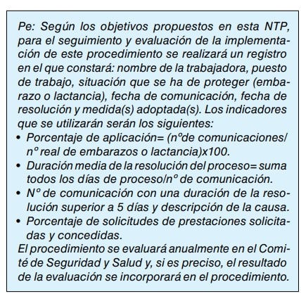 Texto sobre seguimiento y evaluación del procedimiento de protección de la maternidad y sus indicadores.