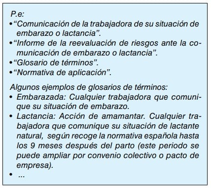 Recuadro con ejemplos de documentación y glosario sobre embarazo y lactancia de la trabajadora.